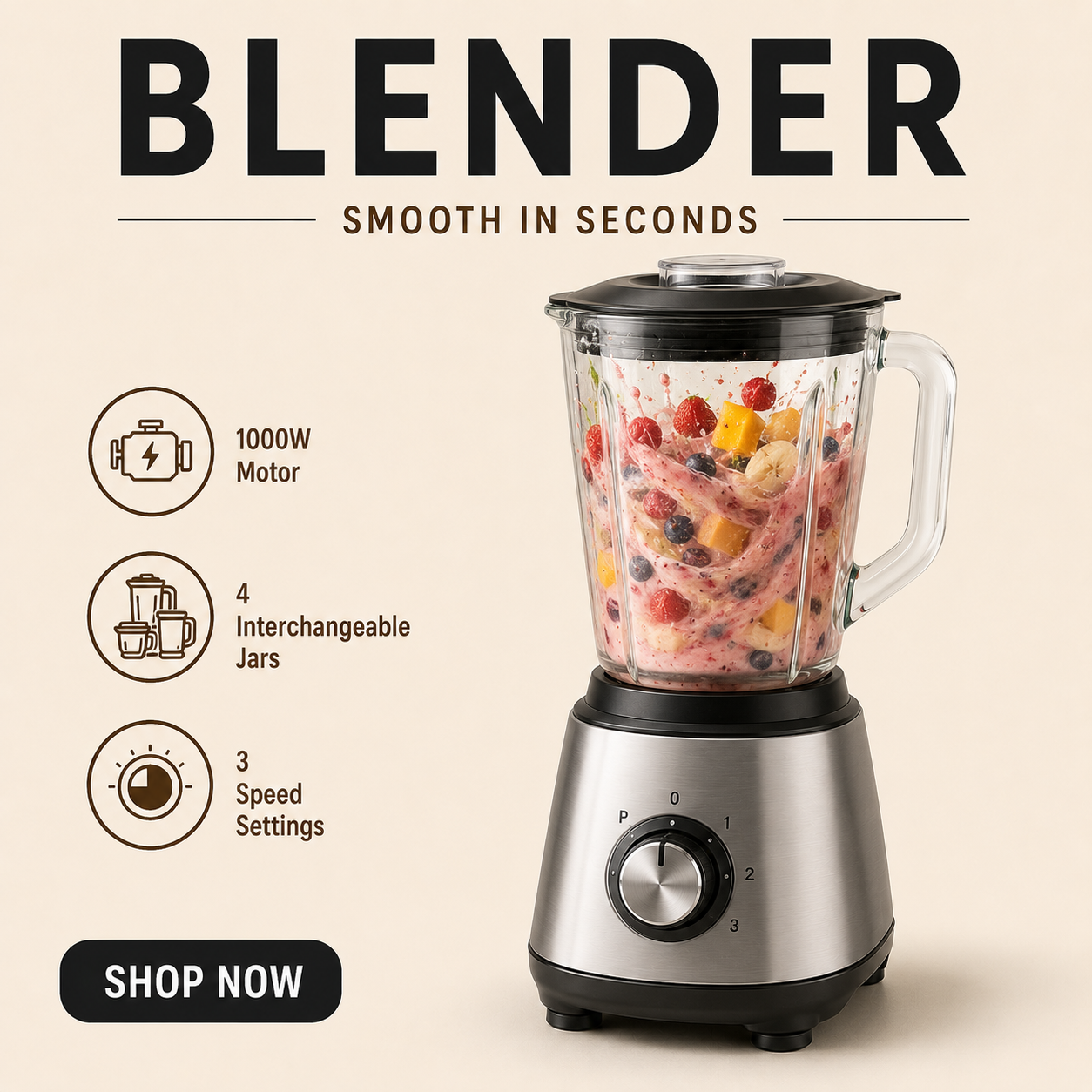 Stashfin blender with glass jar of fruit smoothie