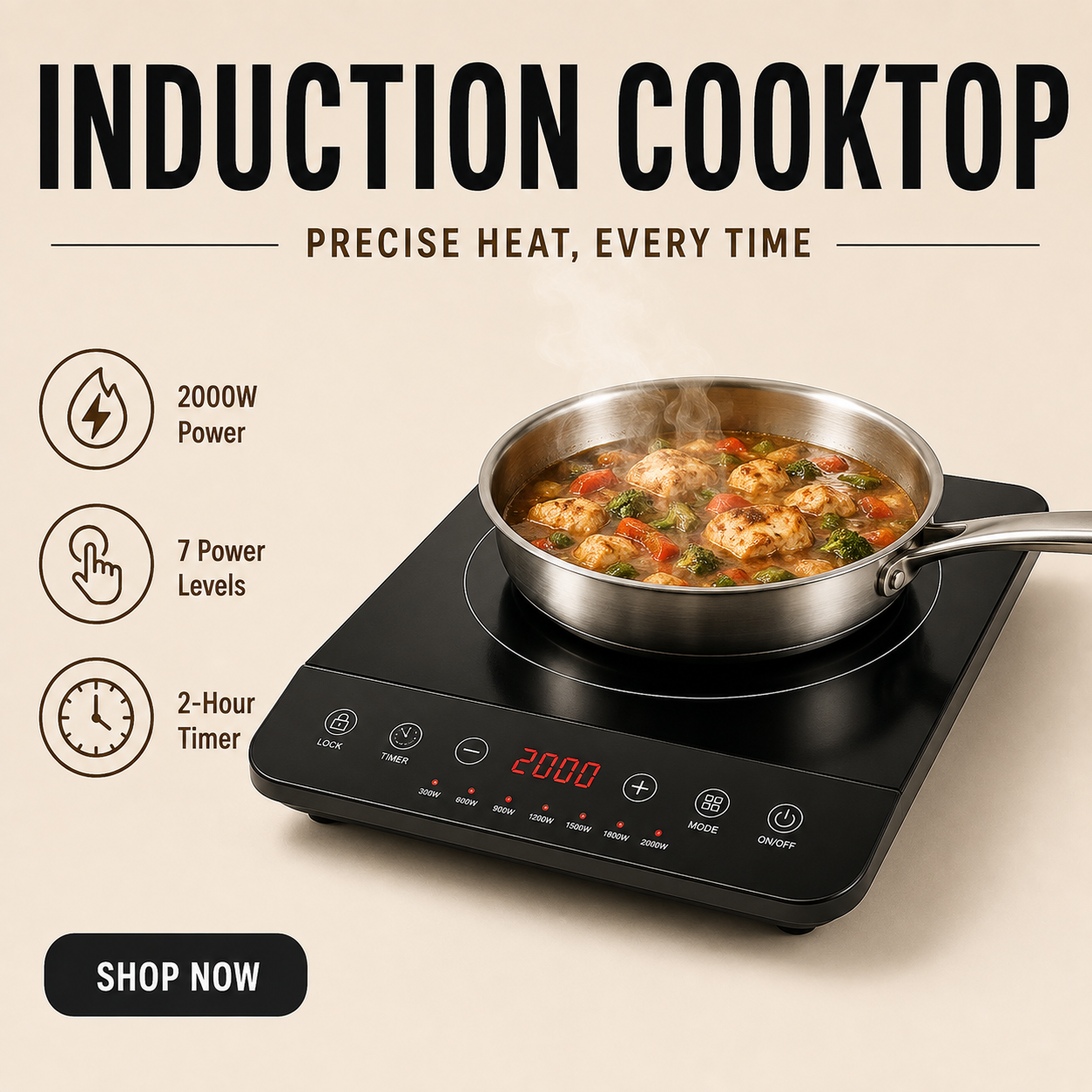 Stashfin induction cooktop with pan of food