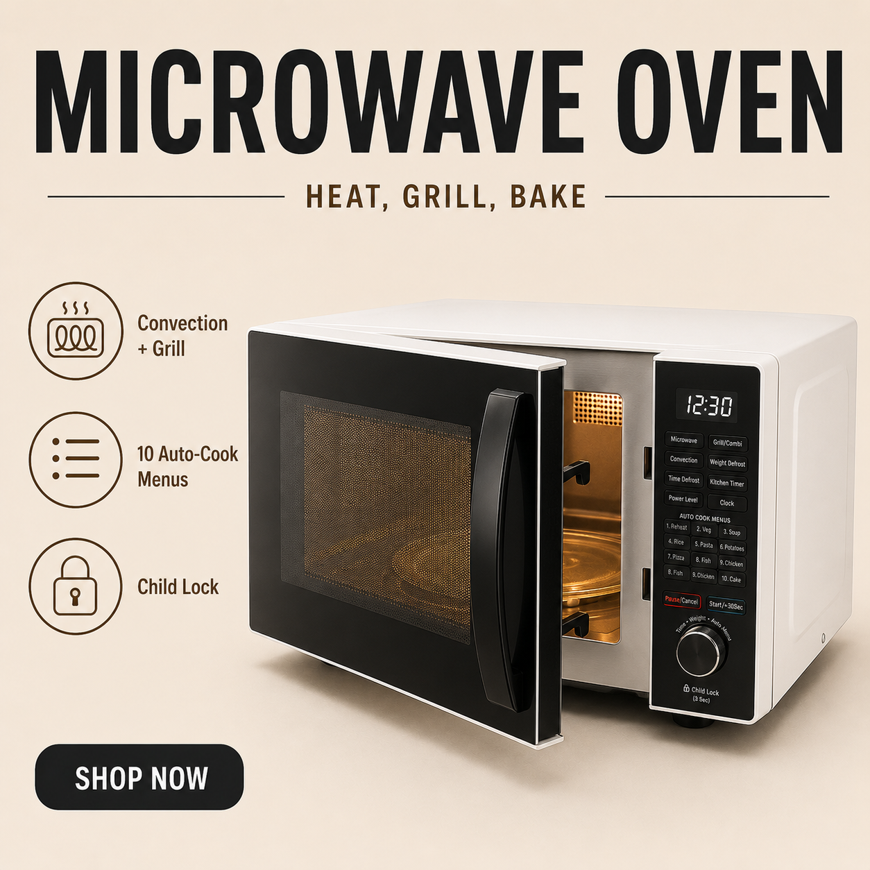 Stashfin microwave oven with door open