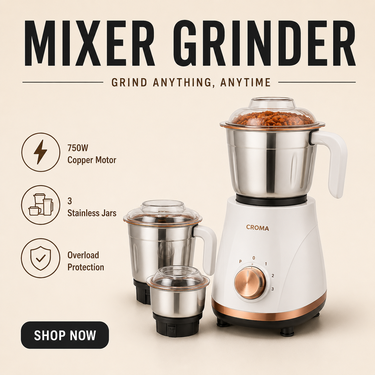 Stashfin mixer grinder with three stainless steel jars