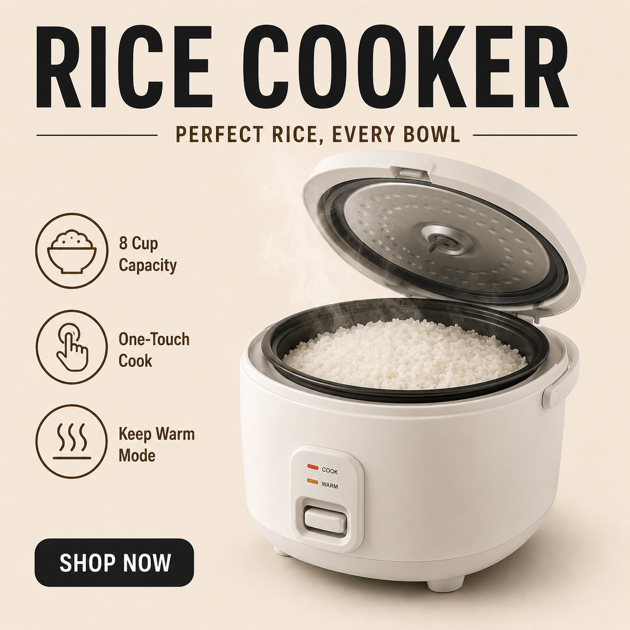 Stashfin rice cooker with lid open showing cooked rice