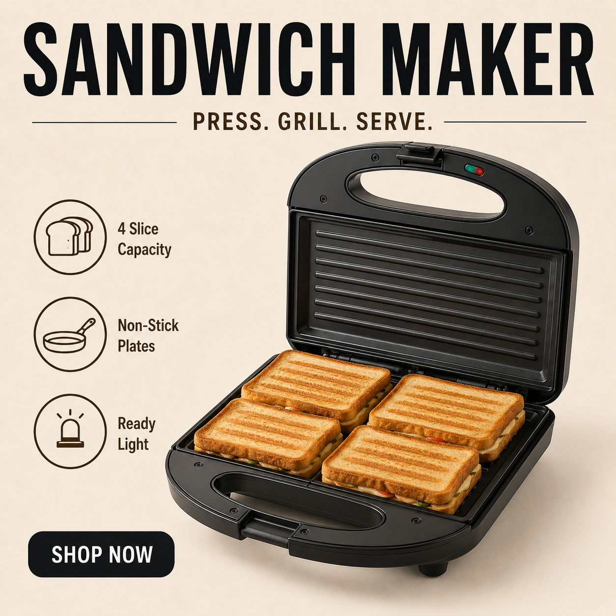 Stashfin sandwich maker with grilled sandwiches