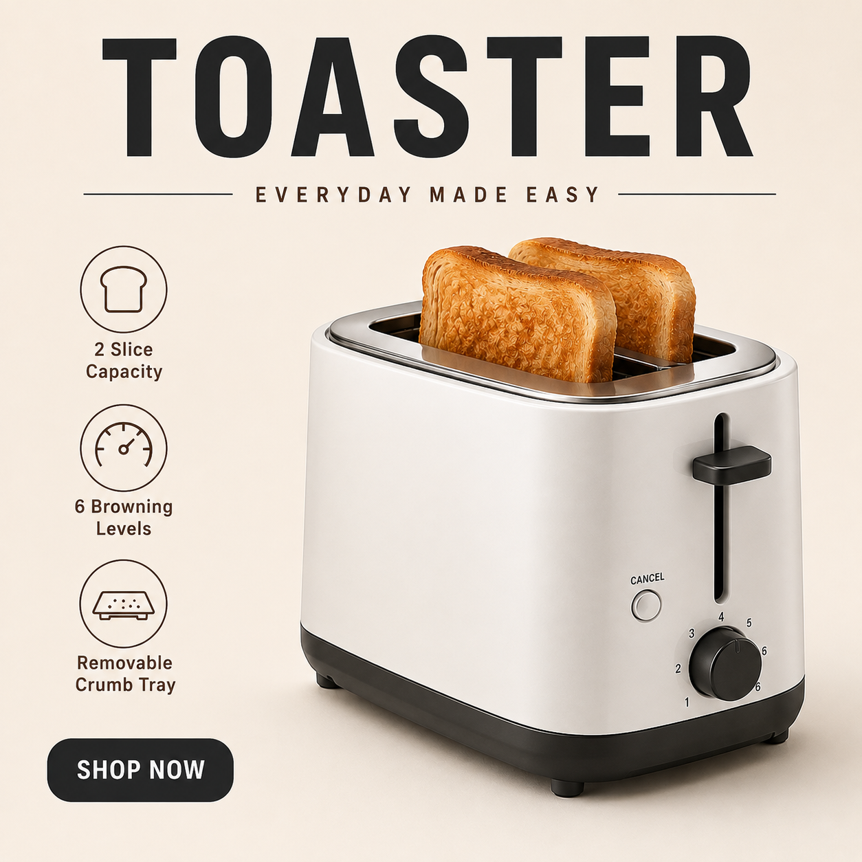 Stashfin two-slice toaster with browning dial